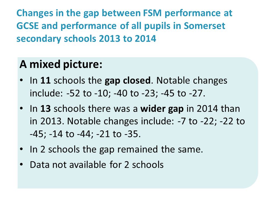 Changes in the gap between FSM performance at GCSE and performance of all pupils in Somerset secondary schools 2013 to 2014 A mixed picture: In 11 schools the gap closed.