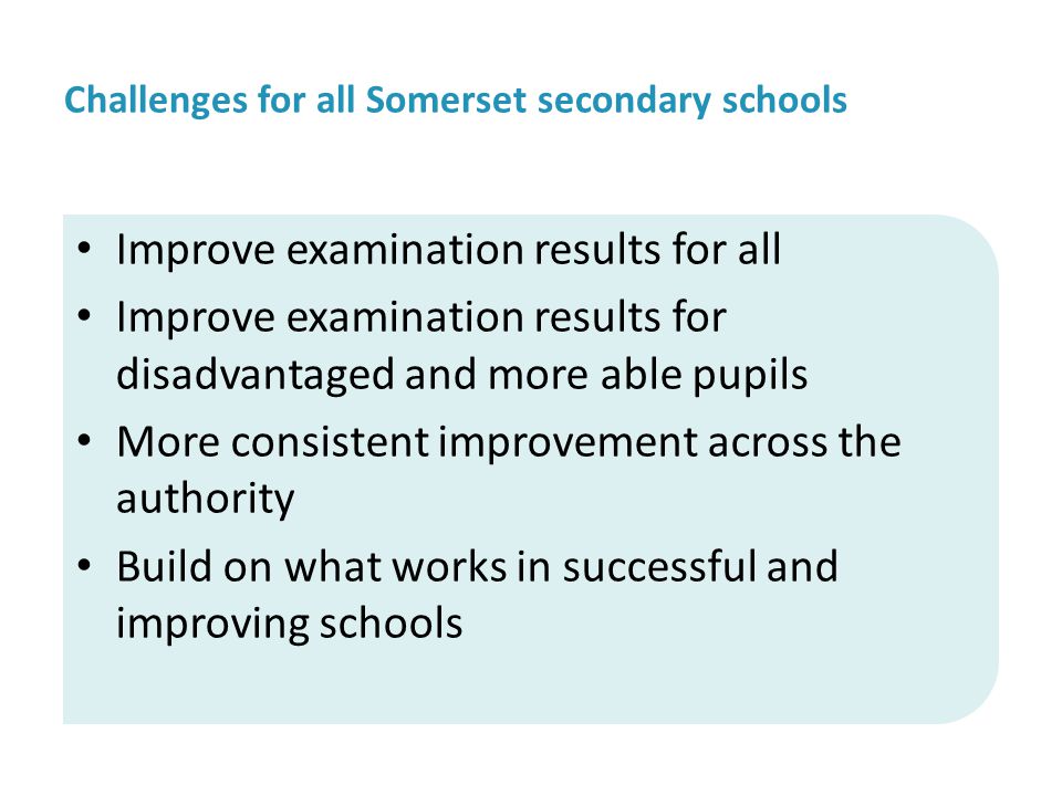 Challenges for all Somerset secondary schools Improve examination results for all Improve examination results for disadvantaged and more able pupils More consistent improvement across the authority Build on what works in successful and improving schools
