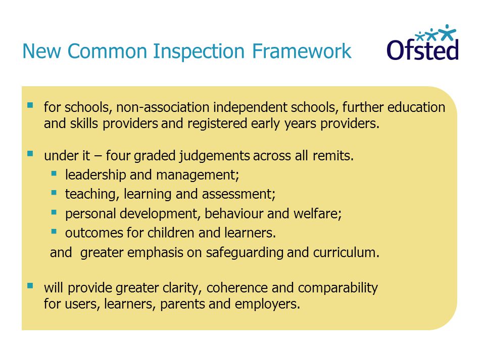 New Common Inspection Framework  for schools, non-association independent schools, further education and skills providers and registered early years providers.