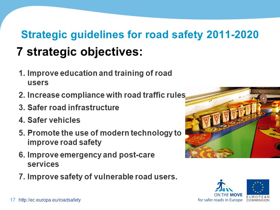 17http://ec.europa.eu/roadsafety Strategic guidelines for road safety strategic objectives: 1.Improve education and training of road users 2.Increase compliance with road traffic rules 3.