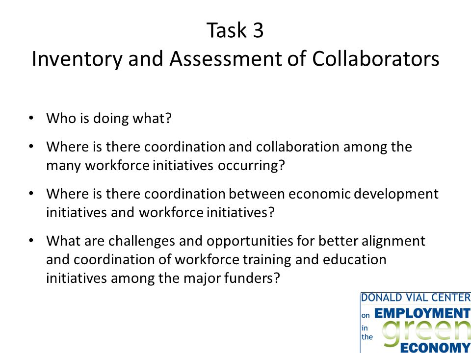 Task 3 Inventory and Assessment of Collaborators Who is doing what.