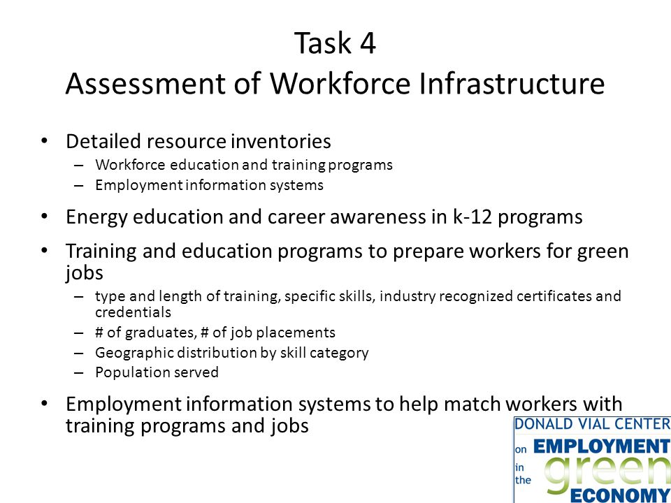 Task 4 Assessment of Workforce Infrastructure Detailed resource inventories – Workforce education and training programs – Employment information systems Energy education and career awareness in k-12 programs Training and education programs to prepare workers for green jobs – type and length of training, specific skills, industry recognized certificates and credentials – # of graduates, # of job placements – Geographic distribution by skill category – Population served Employment information systems to help match workers with training programs and jobs