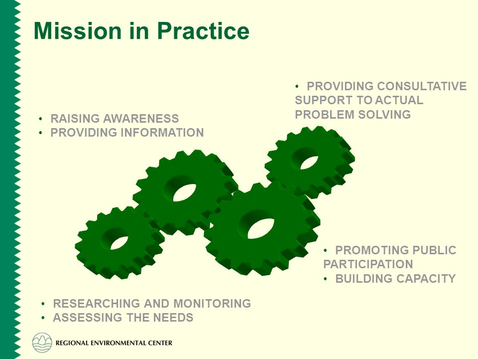 Mission in Practice RESEARCHING AND MONITORING ASSESSING THE NEEDS RAISING AWARENESS PROVIDING INFORMATION PROMOTING PUBLIC PARTICIPATION BUILDING CAPACITY PROVIDING CONSULTATIVE SUPPORT TO ACTUAL PROBLEM SOLVING