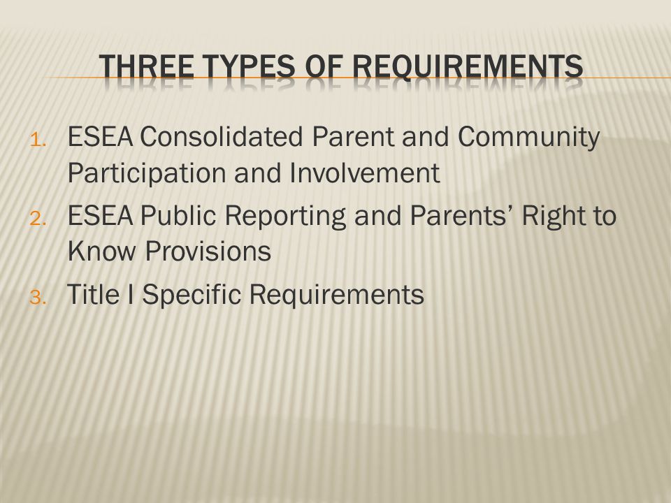 1. ESEA Consolidated Parent and Community Participation and Involvement 2.