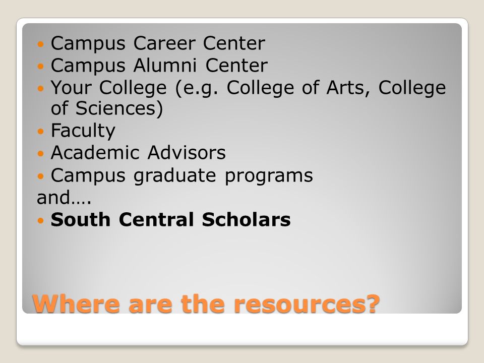 Where are the resources. Campus Career Center Campus Alumni Center Your College (e.g.