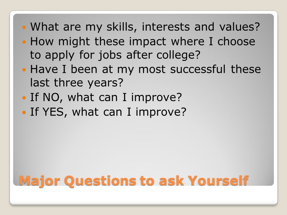 Major Questions to ask Yourself What are my skills, interests and values.