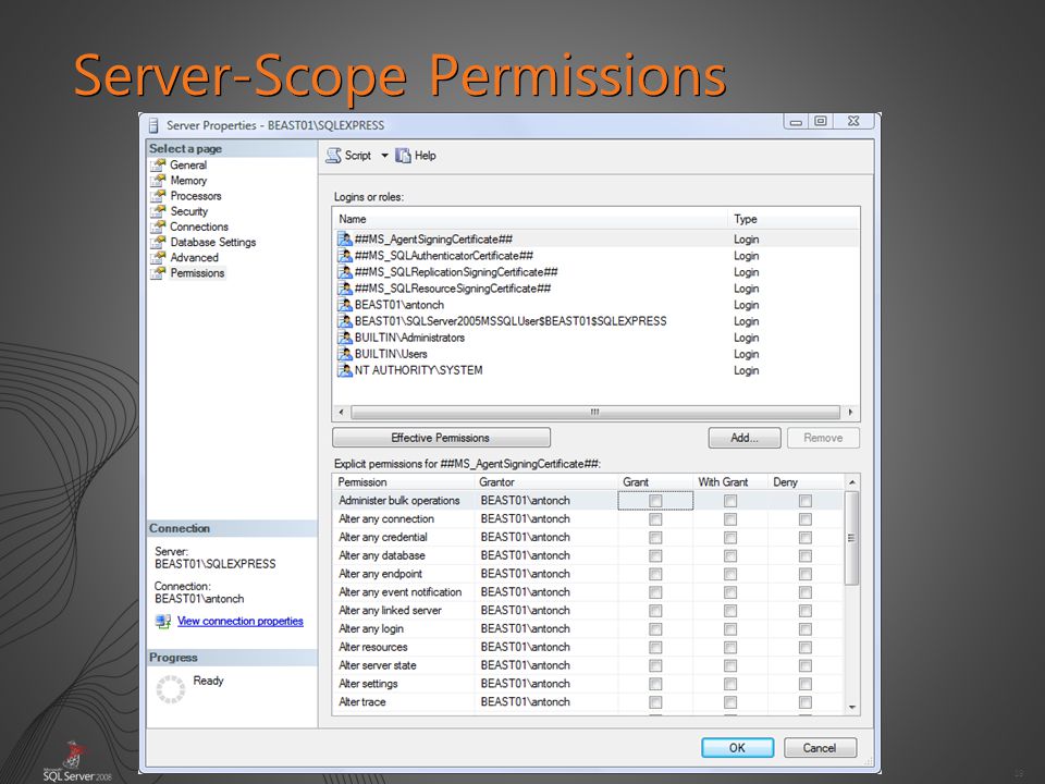 19 Server-Scope Permissions Server permissions Server-scope securable permissions USE master GRANT ALTER ANY DATABASE TO [AdventureWorks2008\Holly] USE master GRANT ALTER ON LOGIN :: AWWebApp TO [AdventureWorks2008\Holly]