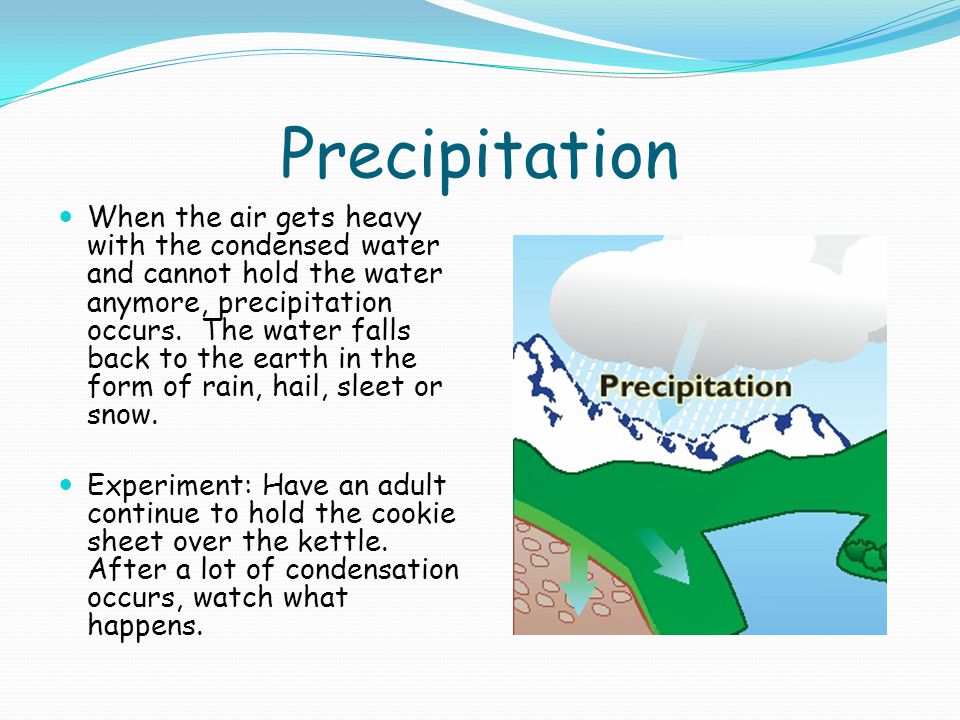 Precipitation When the air gets heavy with the condensed water and cannot hold the water anymore, precipitation occurs.