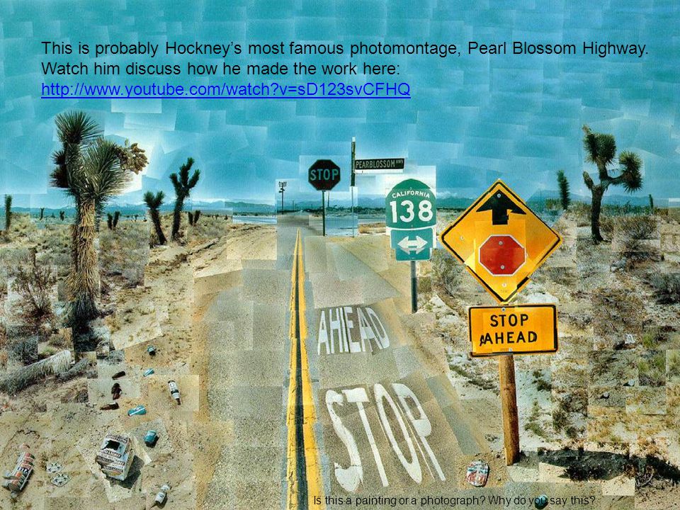 This is probably Hockney’s most famous photomontage, Pearl Blossom Highway.