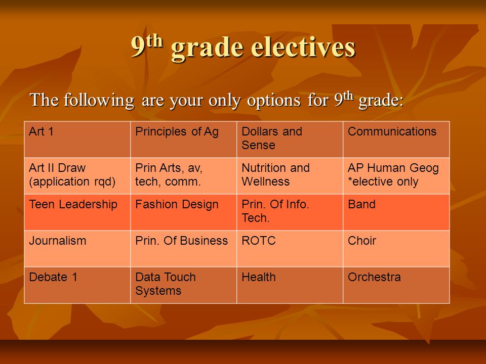 9 th grade electives The following are your only options for 9 th grade: Art 1Principles of AgDollars and Sense Communications Art II Draw (application rqd) Prin Arts, av, tech, comm.