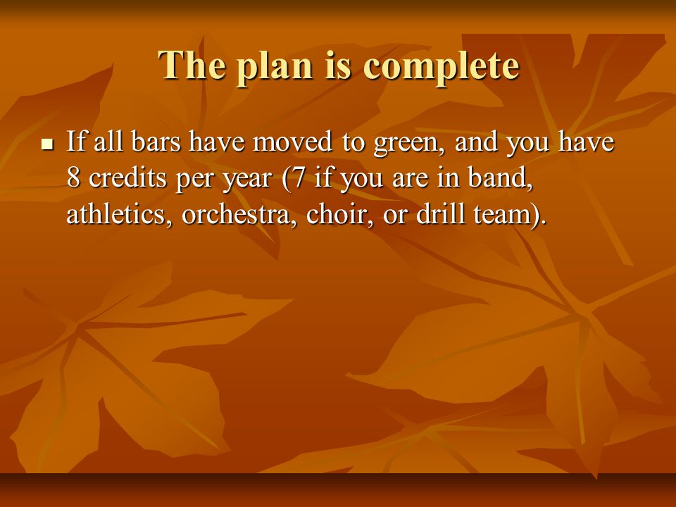 The plan is complete If all bars have moved to green, and you have 8 credits per year (7 if you are in band, athletics, orchestra, choir, or drill team).