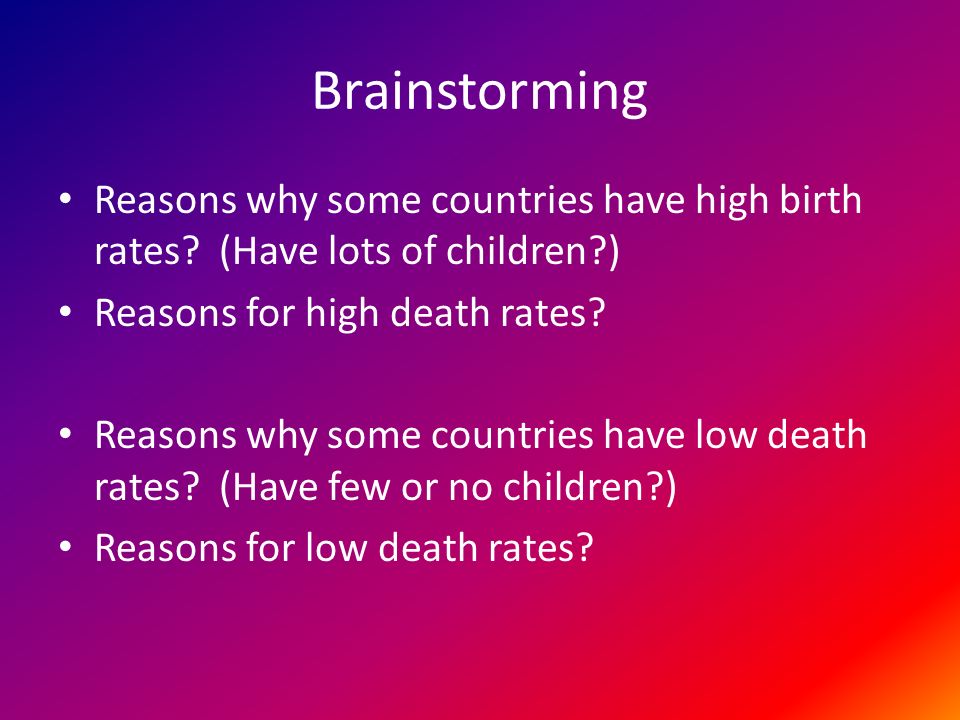 Brainstorming Reasons why some countries have high birth rates.