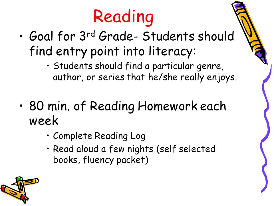 Reading Goal for 3 rd Grade- Students should find entry point into literacy: Students should find a particular genre, author, or series that he/she really enjoys.