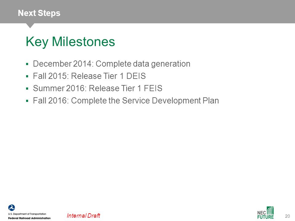 20 Internal Draft  December 2014: Complete data generation  Fall 2015: Release Tier 1 DEIS  Summer 2016: Release Tier 1 FEIS  Fall 2016: Complete the Service Development Plan Key Milestones Next Steps