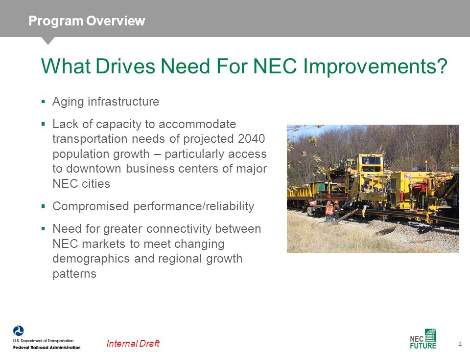 4 Internal Draft  Aging infrastructure  Lack of capacity to accommodate transportation needs of projected 2040 population growth – particularly access to downtown business centers of major NEC cities  Compromised performance/reliability  Need for greater connectivity between NEC markets to meet changing demographics and regional growth patterns What Drives Need For NEC Improvements.