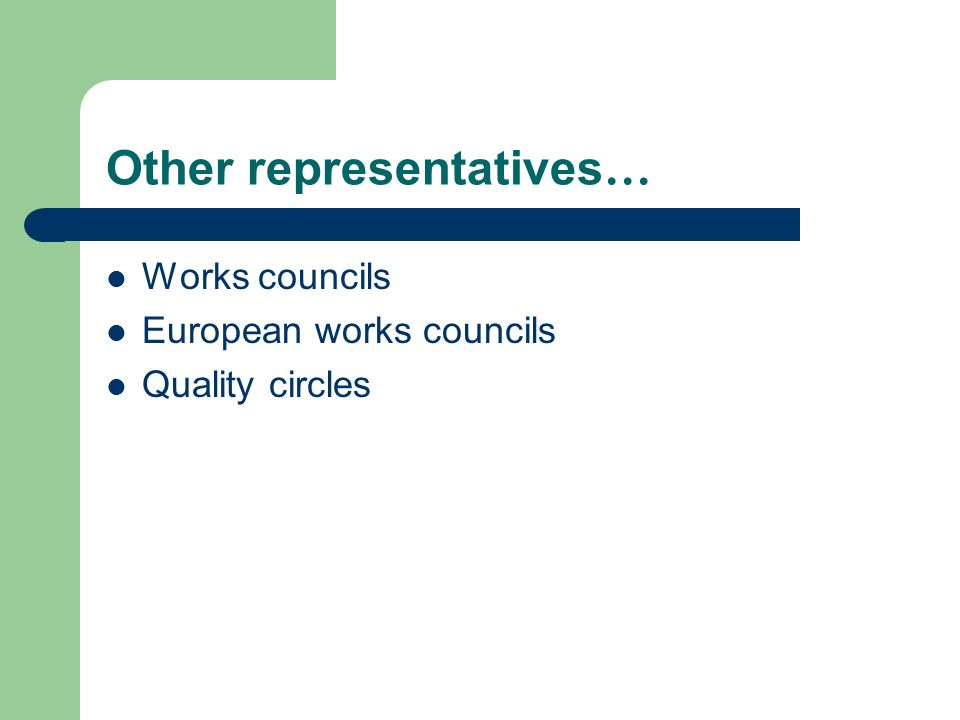 Other representatives … Works councils European works councils Quality circles