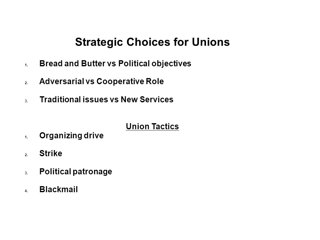 Strategic Choices for Unions 1. Bread and Butter vs Political objectives 2.