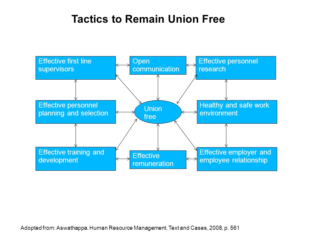 Tactics to Remain Union Free Effective first line supervisors Effective personnel planning and selection Effective training and development Effective personnel research Healthy and safe work environment Effective employer and employee relationship Open communication Effective remuneration Union free Adopted from: Aswathappa.