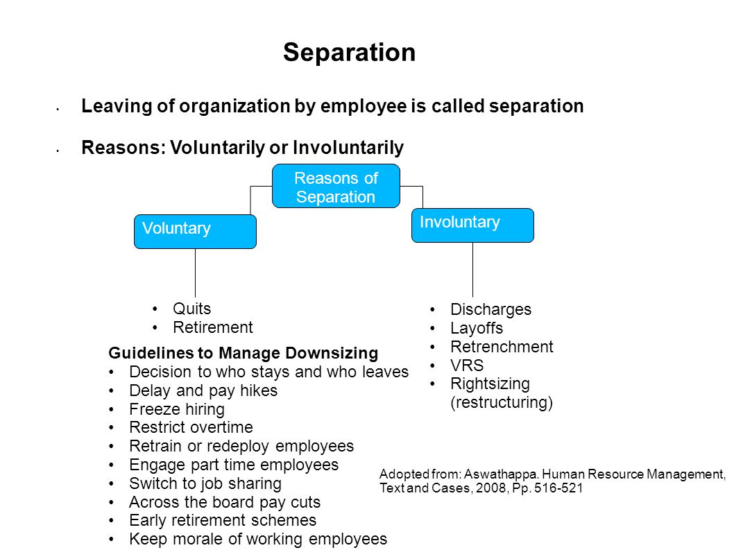Separation Leaving of organization by employee is called separation Reasons: Voluntarily or Involuntarily Voluntary Involuntary Quits Retirement Discharges Layoffs Retrenchment VRS Rightsizing (restructuring) Reasons of Separation Guidelines to Manage Downsizing Decision to who stays and who leaves Delay and pay hikes Freeze hiring Restrict overtime Retrain or redeploy employees Engage part time employees Switch to job sharing Across the board pay cuts Early retirement schemes Keep morale of working employees Adopted from: Aswathappa.