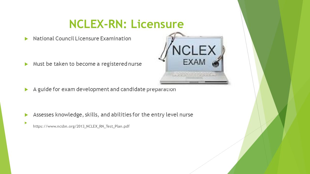 NCLEX-RN: Licensure  National Council Licensure Examination  Must be taken to become a registered nurse  A guide for exam development and candidate preparation  Assesses knowledge, skills, and abilities for the entry level nurse 