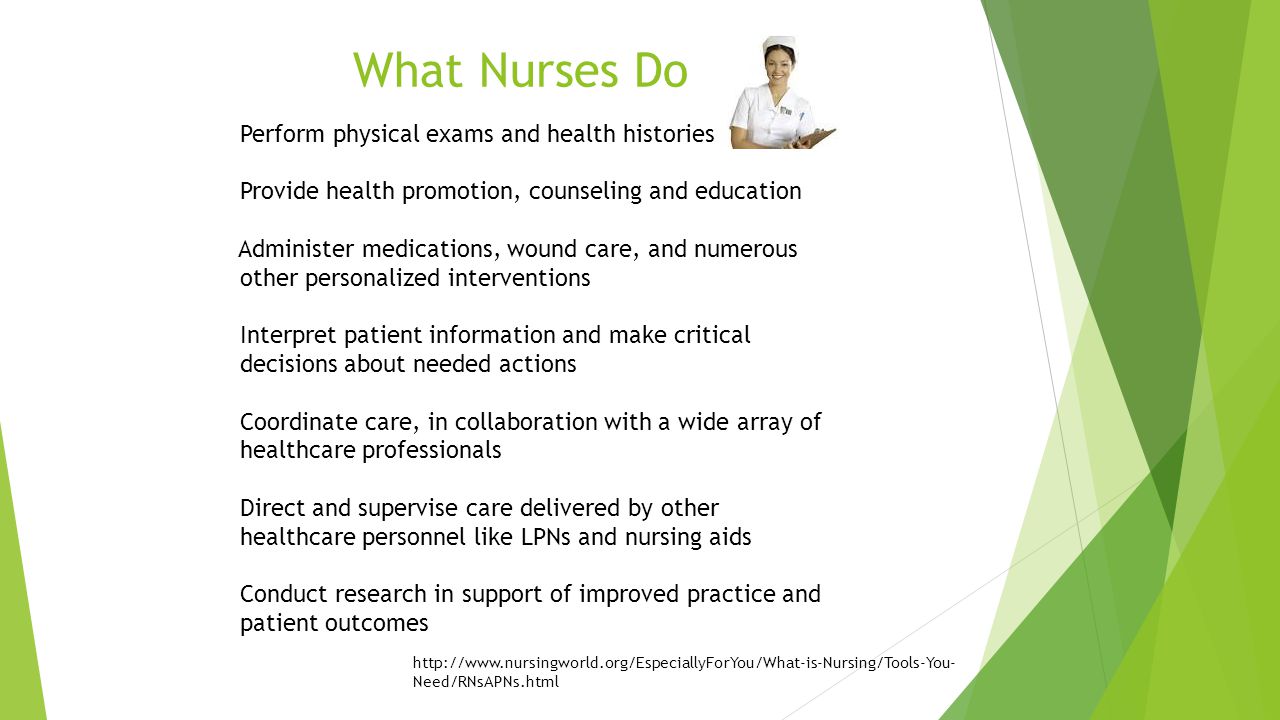 What Nurses Do Perform physical exams and health histories Provide health promotion, counseling and education Administer medications, wound care, and numerous other personalized interventions Interpret patient information and make critical decisions about needed actions Coordinate care, in collaboration with a wide array of healthcare professionals Direct and supervise care delivered by other healthcare personnel like LPNs and nursing aids Conduct research in support of improved practice and patient outcomes   Need/RNsAPNs.html