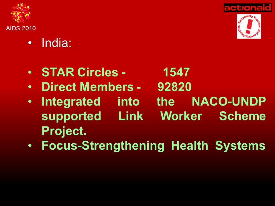AIDS 2010 India:India: STAR Circles Direct Members Integrated into the NACO-UNDP supported Link Worker Scheme Project.
