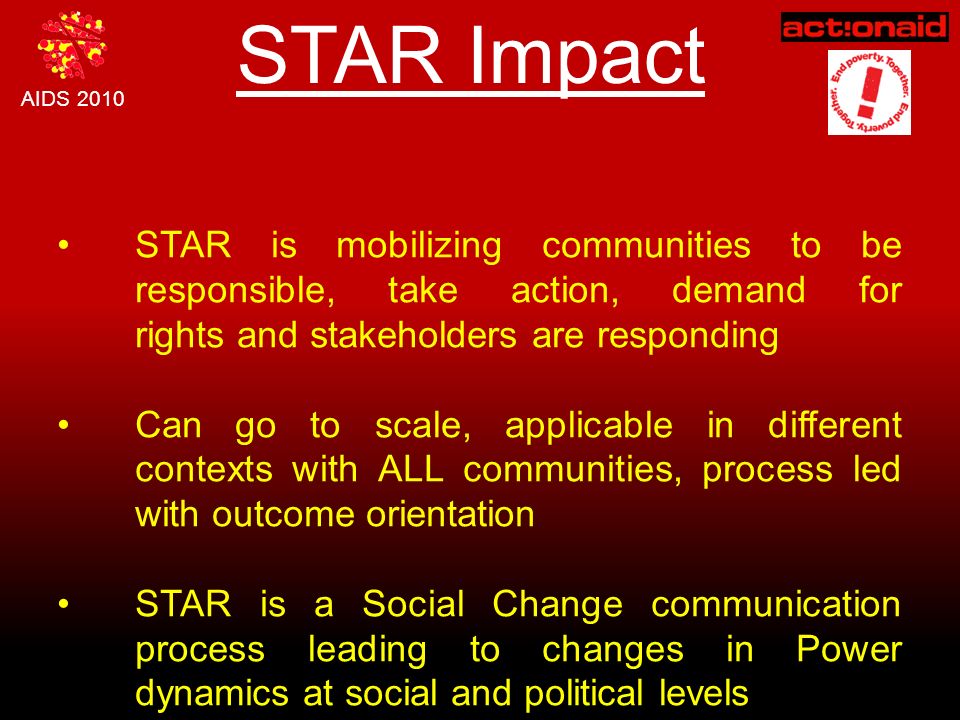 AIDS 2010 STAR Impact STAR is mobilizing communities to be responsible, take action, demand for rights and stakeholders are responding Can go to scale, applicable in different contexts with ALL communities, process led with outcome orientation STAR is a Social Change communication process leading to changes in Power dynamics at social and political levels