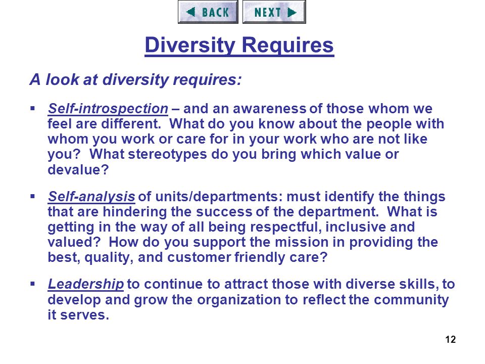 12 A look at diversity requires:  Self-introspection – and an awareness of those whom we feel are different.