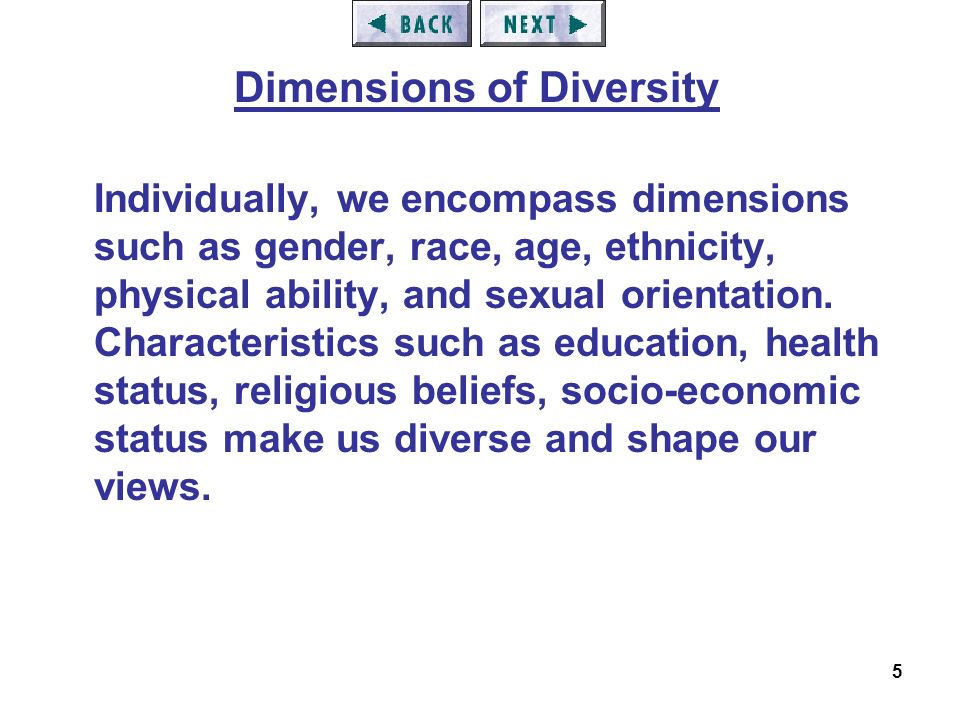 5 Individually, we encompass dimensions such as gender, race, age, ethnicity, physical ability, and sexual orientation.