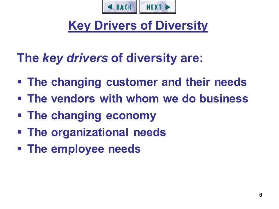 6 The key drivers of diversity are:  The changing customer and their needs  The vendors with whom we do business  The changing economy  The organizational needs  The employee needs Key Drivers of Diversity