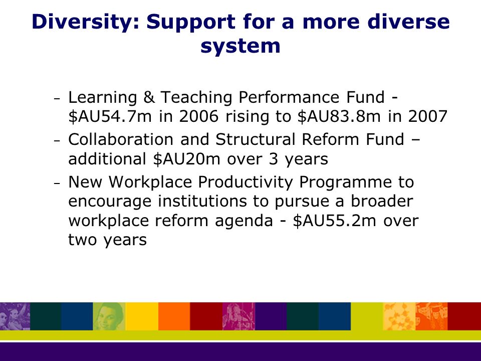Diversity: Support for a more diverse system – Learning & Teaching Performance Fund - $AU54.7m in 2006 rising to $AU83.8m in 2007 – Collaboration and Structural Reform Fund – additional $AU20m over 3 years – New Workplace Productivity Programme to encourage institutions to pursue a broader workplace reform agenda - $AU55.2m over two years