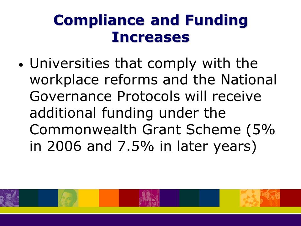 Compliance and Funding Increases Universities that comply with the workplace reforms and the National Governance Protocols will receive additional funding under the Commonwealth Grant Scheme (5% in 2006 and 7.5% in later years)