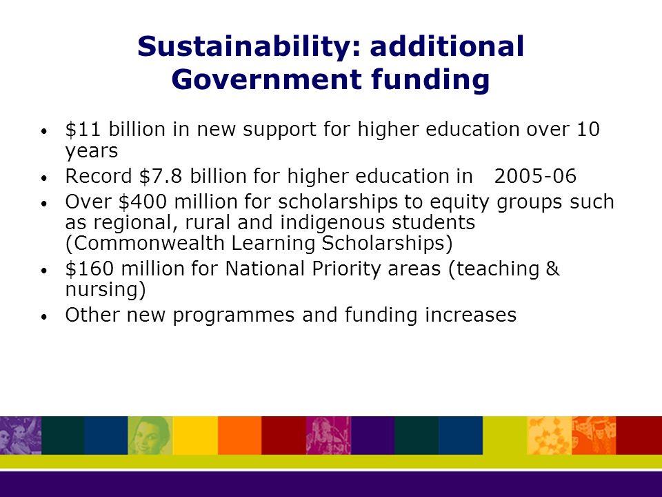 Sustainability: additional Government funding $11 billion in new support for higher education over 10 years Record $7.8 billion for higher education in Over $400 million for scholarships to equity groups such as regional, rural and indigenous students (Commonwealth Learning Scholarships) $160 million for National Priority areas (teaching & nursing) Other new programmes and funding increases