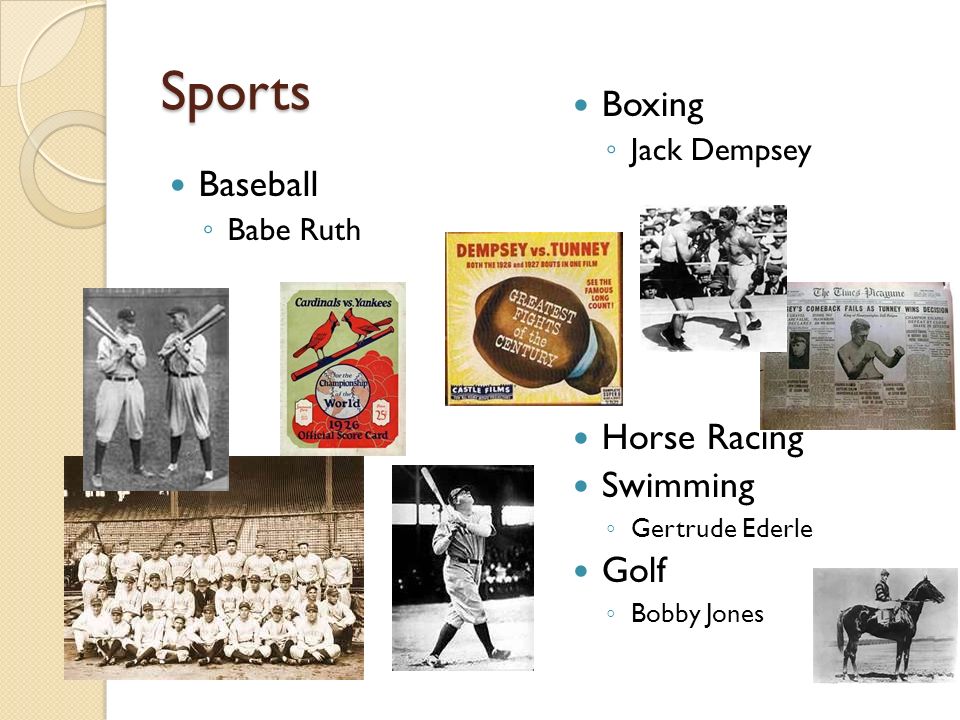 Sports Baseball ◦ Babe Ruth Boxing ◦ Jack Dempsey Horse Racing Swimming ◦ Gertrude Ederle Golf ◦ Bobby Jones