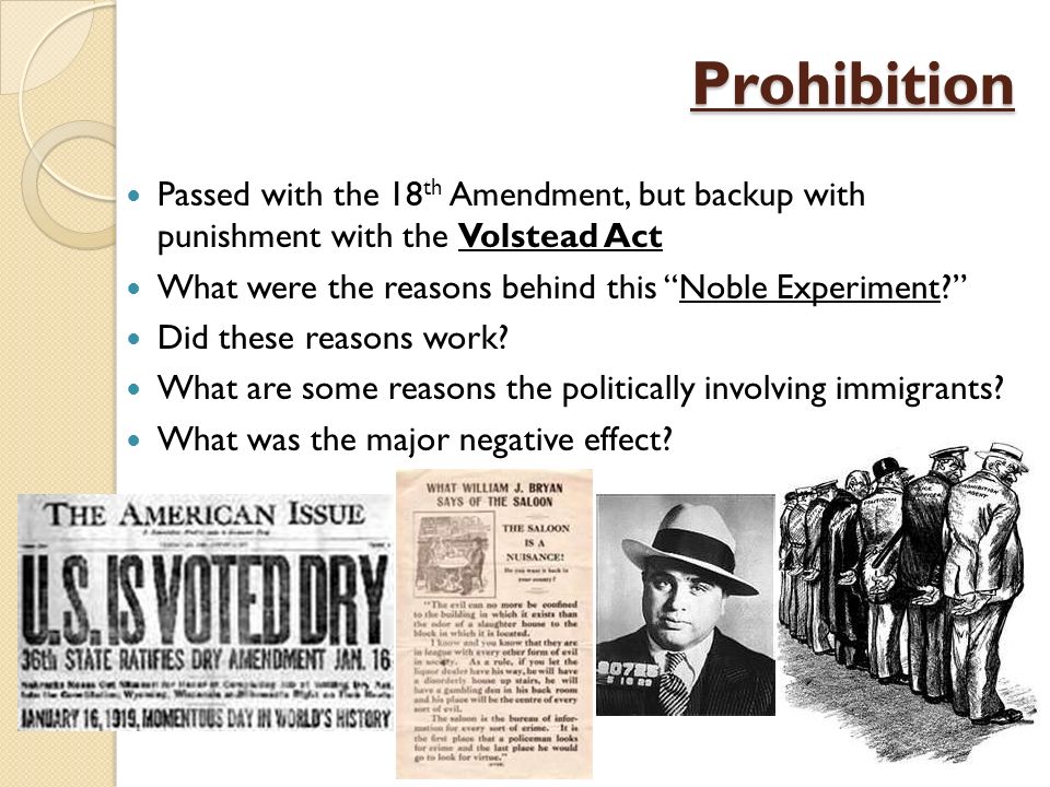 Prohibition Passed with the 18 th Amendment, but backup with punishment with the Volstead Act What were the reasons behind this Noble Experiment Did these reasons work.