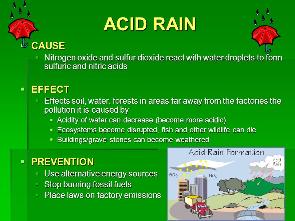 ACID RAIN  CAUSE  Nitrogen oxide and sulfur dioxide react with water droplets to form sulfuric and nitric acids  EFFECT  Effects soil, water, forests in areas far away from the factories the pollution it is caused by  Acidity of water can decrease (become more acidic)  Ecosystems become disrupted, fish and other wildlife can die  Buildings/grave stones can become weathered  PREVENTION  Use alternative energy sources  Stop burning fossil fuels  Place laws on factory emissions