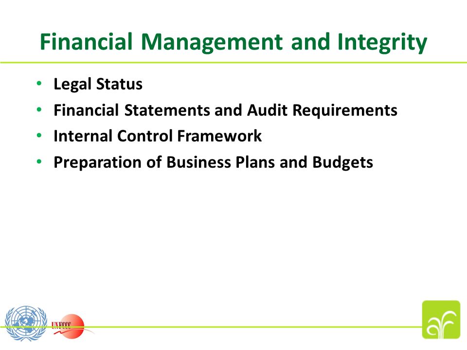 Financial Management and Integrity Legal Status Financial Statements and Audit Requirements Internal Control Framework Preparation of Business Plans and Budgets