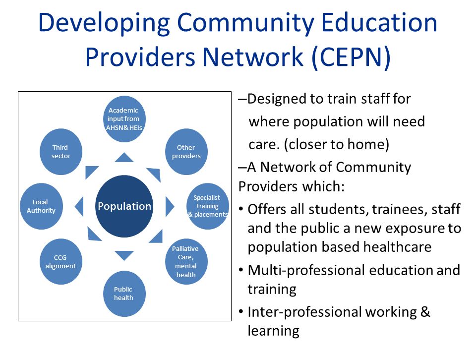Developing Community Education Providers Network (CEPN) – Designed to train staff for where population will need care.