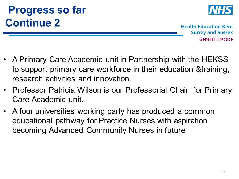 General Practice Progress so far Continue 2 A Primary Care Academic unit in Partnership with the HEKSS to support primary care workforce in their education &training, research activities and innovation.