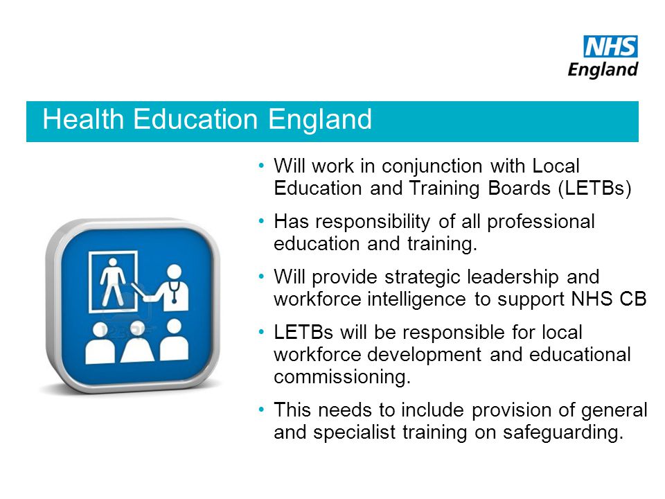 Health Education England England Will work in conjunction with Local Education and Training Boards (LETBs) Has responsibility of all professional education and training.