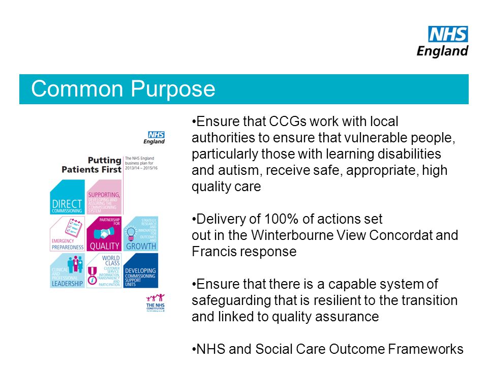 Common Purpose Ensure that CCGs work with local authorities to ensure that vulnerable people, particularly those with learning disabilities and autism, receive safe, appropriate, high quality care Delivery of 100% of actions set out in the Winterbourne View Concordat and Francis response Ensure that there is a capable system of safeguarding that is resilient to the transition and linked to quality assurance NHS and Social Care Outcome Frameworks