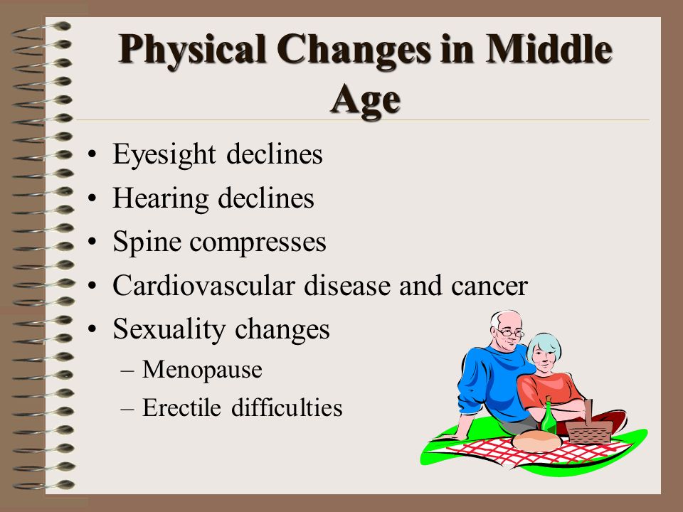 Physical Changes in Middle Age Eyesight declines Hearing declines Spine compresses Cardiovascular disease and cancer Sexuality changes –Menopause –Erectile difficulties