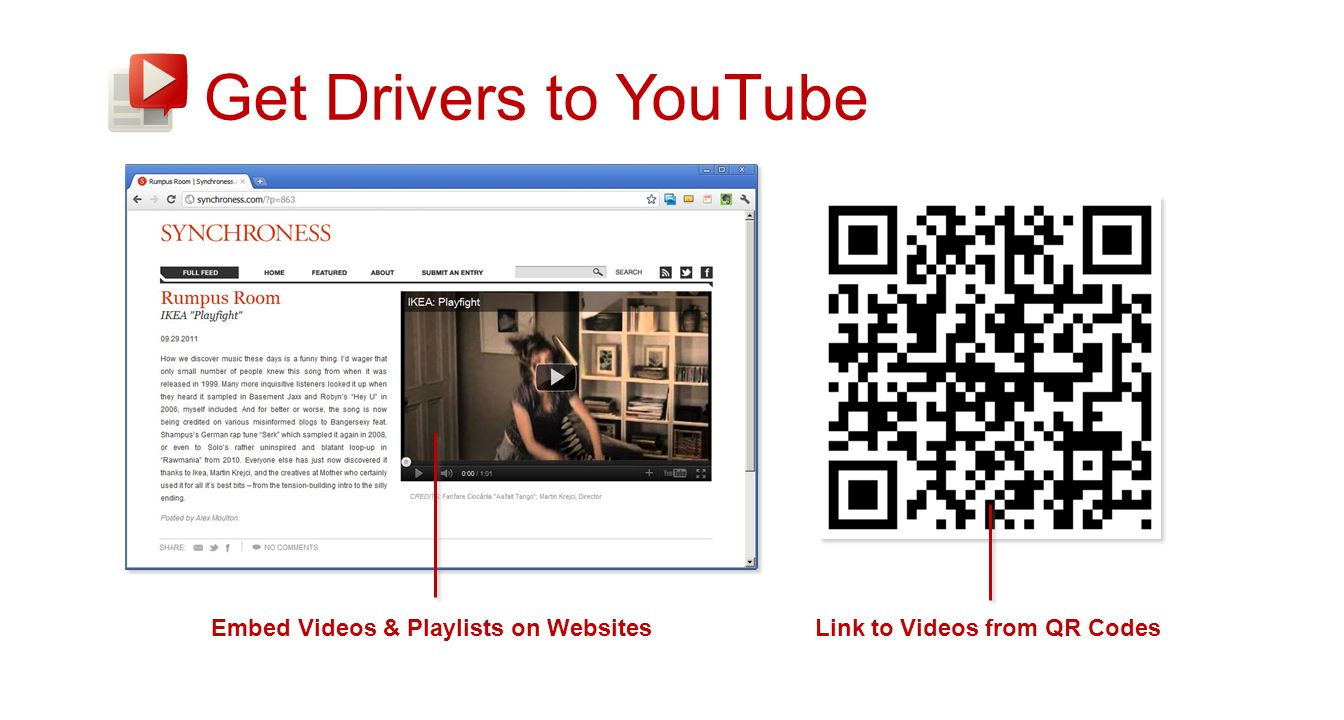 Get Drivers to YouTube Embed Videos & Playlists on WebsitesLink to Videos from QR Codes