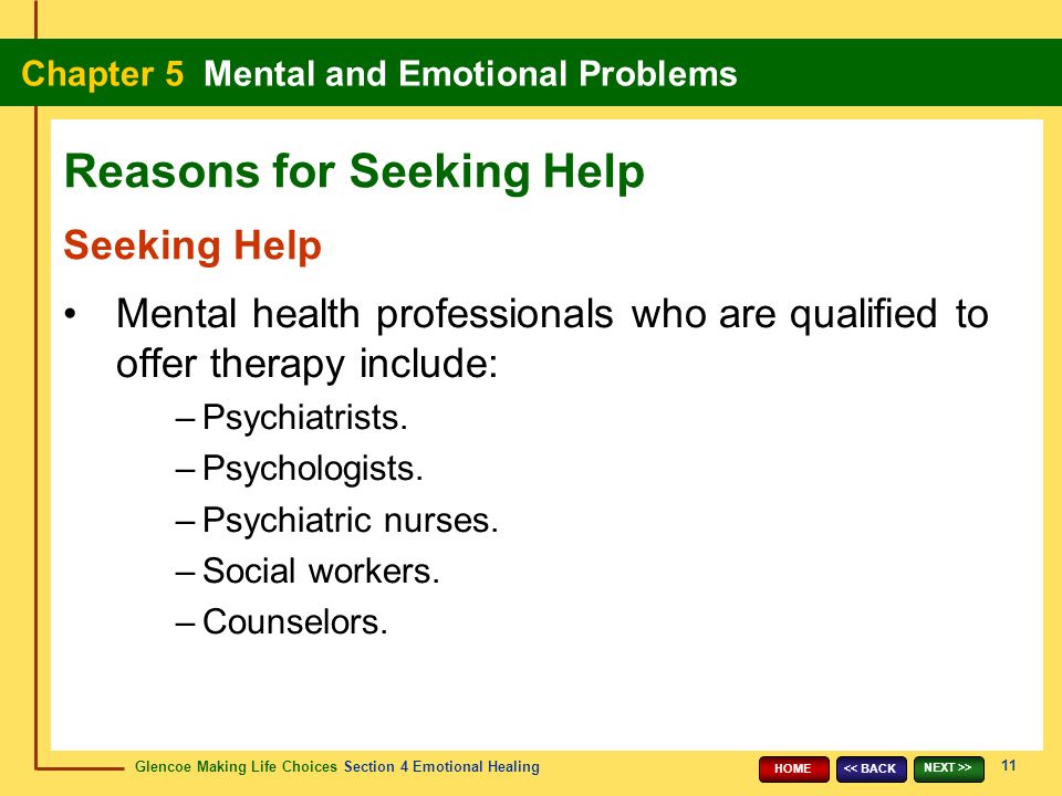 Glencoe Making Life Choices Section 4 Emotional Healing Chapter 5 Mental and Emotional Problems 11 << BACK NEXT >> HOME Seeking Help Mental health professionals who are qualified to offer therapy include: –Psychiatrists.