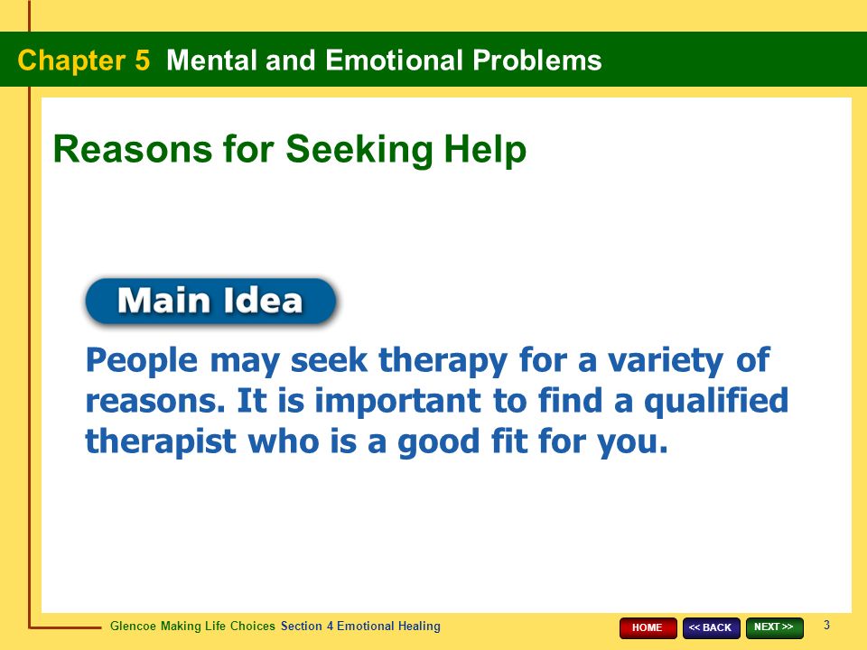 Glencoe Making Life Choices Section 4 Emotional Healing Chapter 5 Mental and Emotional Problems 3 << BACK NEXT >> HOME People may seek therapy for a variety of reasons.