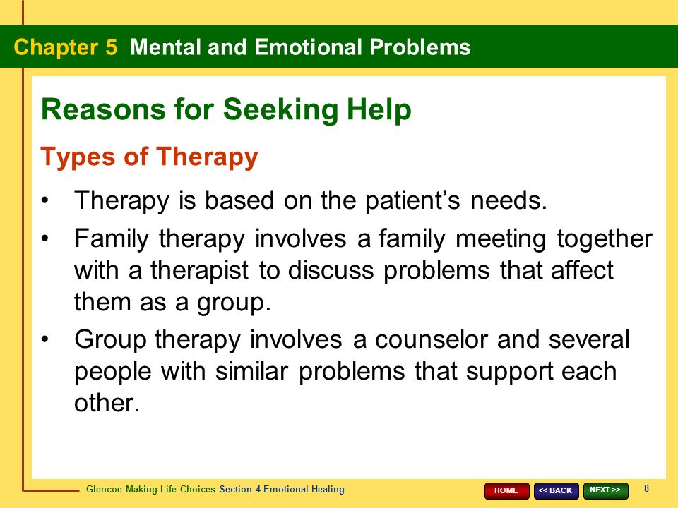 Glencoe Making Life Choices Section 4 Emotional Healing Chapter 5 Mental and Emotional Problems 8 << BACK NEXT >> HOME Types of Therapy Therapy is based on the patient’s needs.