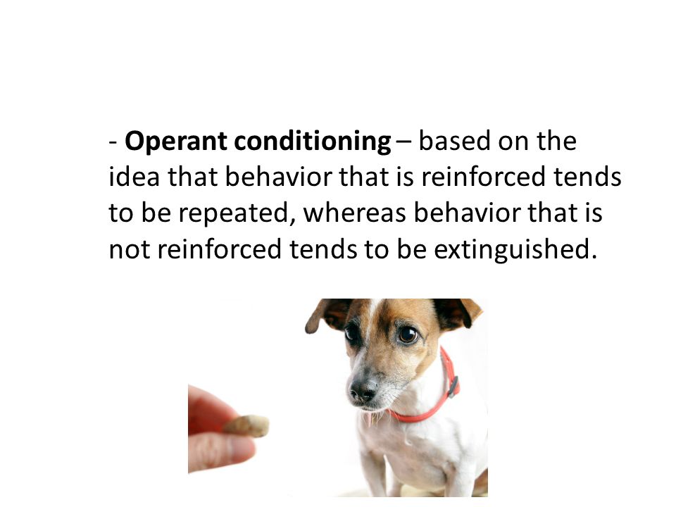 - Operant conditioning – based on the idea that behavior that is reinforced tends to be repeated, whereas behavior that is not reinforced tends to be extinguished.