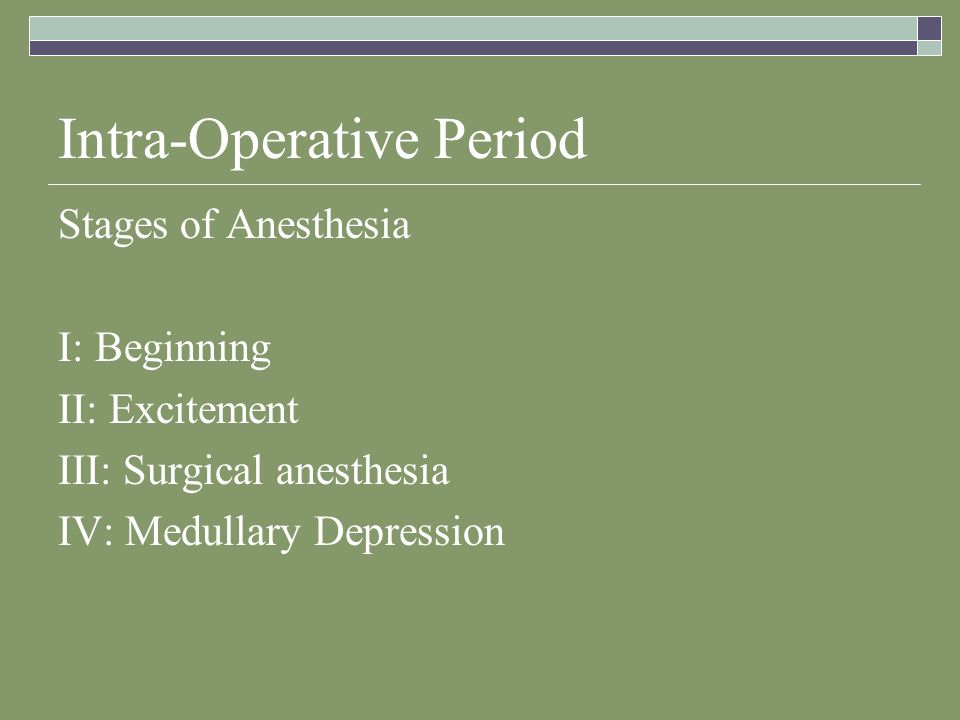 Intra-Operative Period Stages of Anesthesia I: Beginning II: Excitement III: Surgical anesthesia IV: Medullary Depression