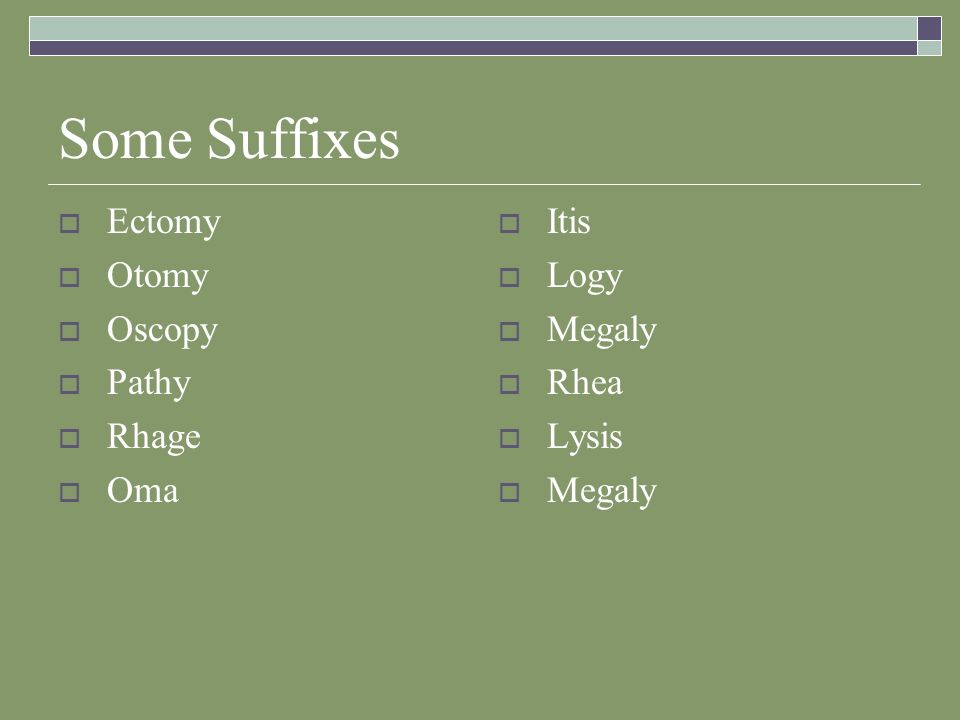 Some Suffixes  Ectomy  Otomy  Oscopy  Pathy  Rhage  Oma  Itis  Logy  Megaly  Rhea  Lysis  Megaly