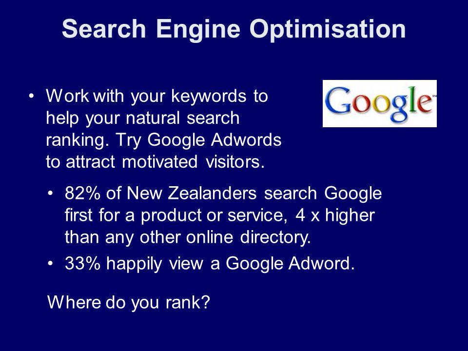 Search Engine Optimisation Work with your keywords to help your natural search ranking.
